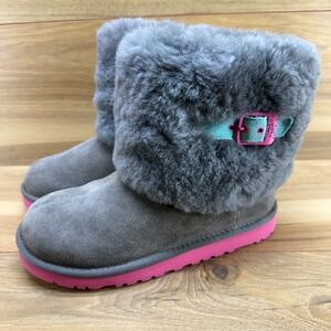 UGG Elle Girls Suede Shearling Fur Lined Boot Size 4 Gray Pink Teal